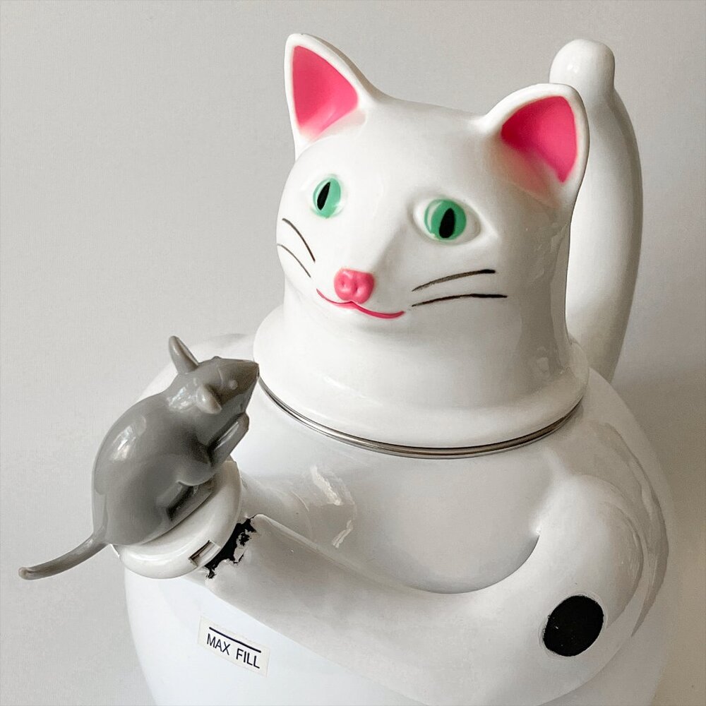 Vintage Copco White Cat Gray Mouse Enamel Tea Kettle Whimsical Whistling kettle